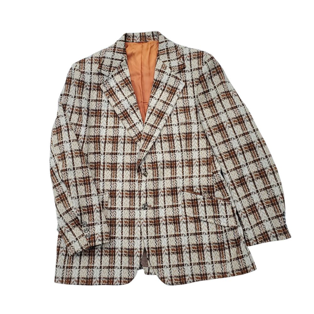 Vintage Tartan Plaid Blazer Retro Mod 70s Sport Coat Jacket Orange Check 46x31 - Picture 2 of 15